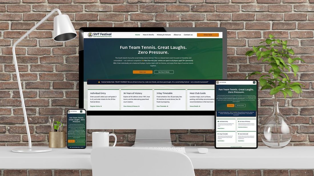 South Island Veterans Tennis Teams Festival website shown on desktop and mobile